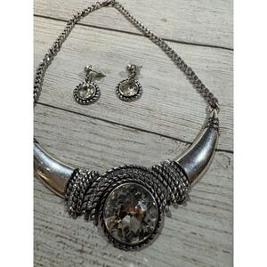 NIB Beautiful Necklace & Earrings Set Statement Silver Rope Rhinestone NEW Tb12